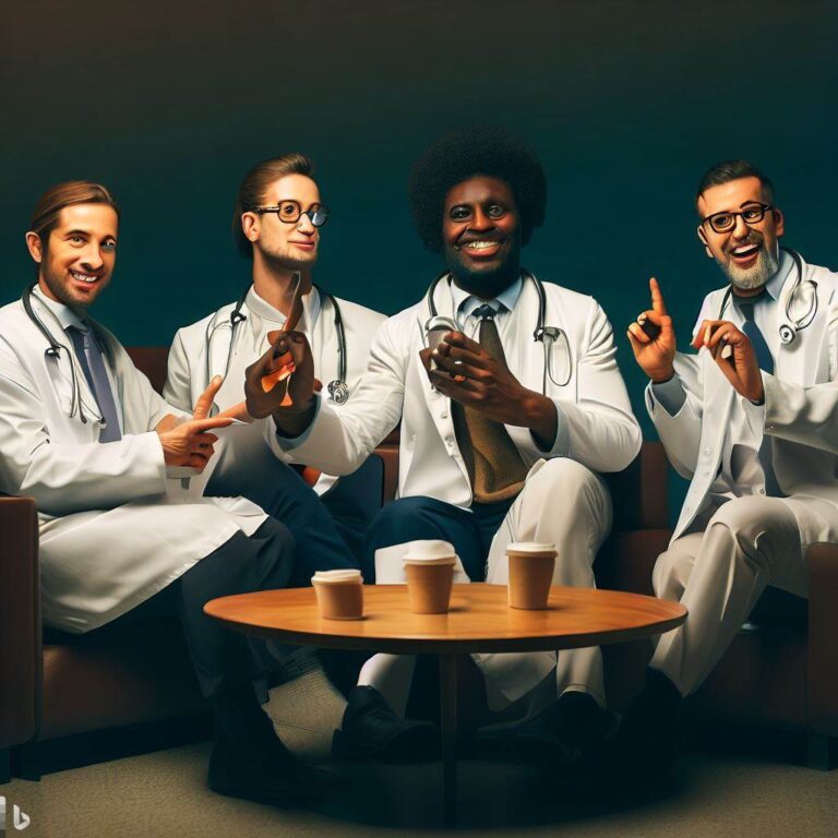 group of physicians relaxing around a coffee table. fingers and faces MUST be correct. photorealistic.
