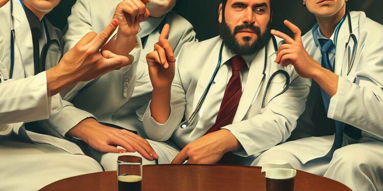 group of physicians relaxing around a coffee table. fingers and faces MUST be correct. photorealistic.