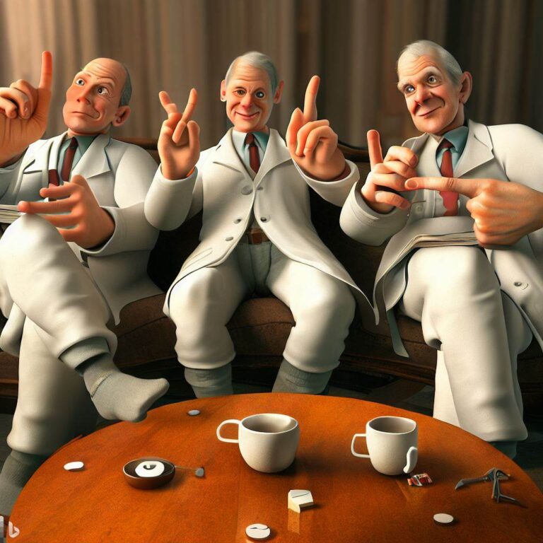 group of physicians relaxing around a coffee table. fingers and faces MUST be correct. photorealistic.