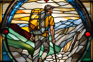 Stained glass window of a man hiking.