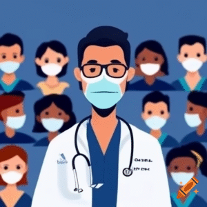 Cartoon of physicians wearing masks in a support group
