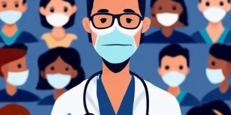Cartoon of physicians wearing masks in a support group