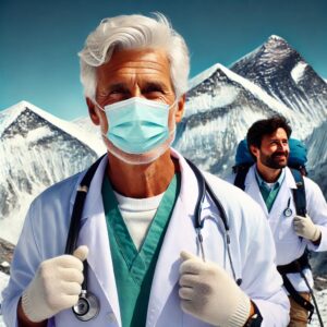 A mature male physician with silver hair and a calm, authoritative expression, wearing a white lab coat and a surgical mask. He has reached the top of Mt Everest and is delighted. Following him is another dignified female physician in the same attire.