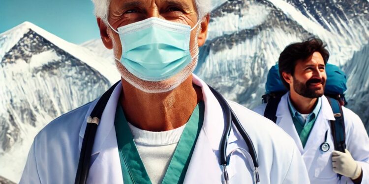 A mature male physician with silver hair and a calm, authoritative expression, wearing a white lab coat and a surgical mask. He has reached the top of Mt Everest and is delighted. Following him is another dignified female physician in the same attire.