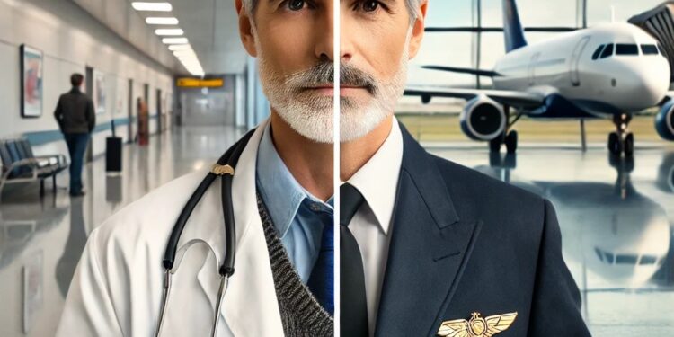 A split image of a dignified man: a physician on the left and an airline captain on the right, complete with a captain's uniform, hat, and a “Sully”-style mustache.